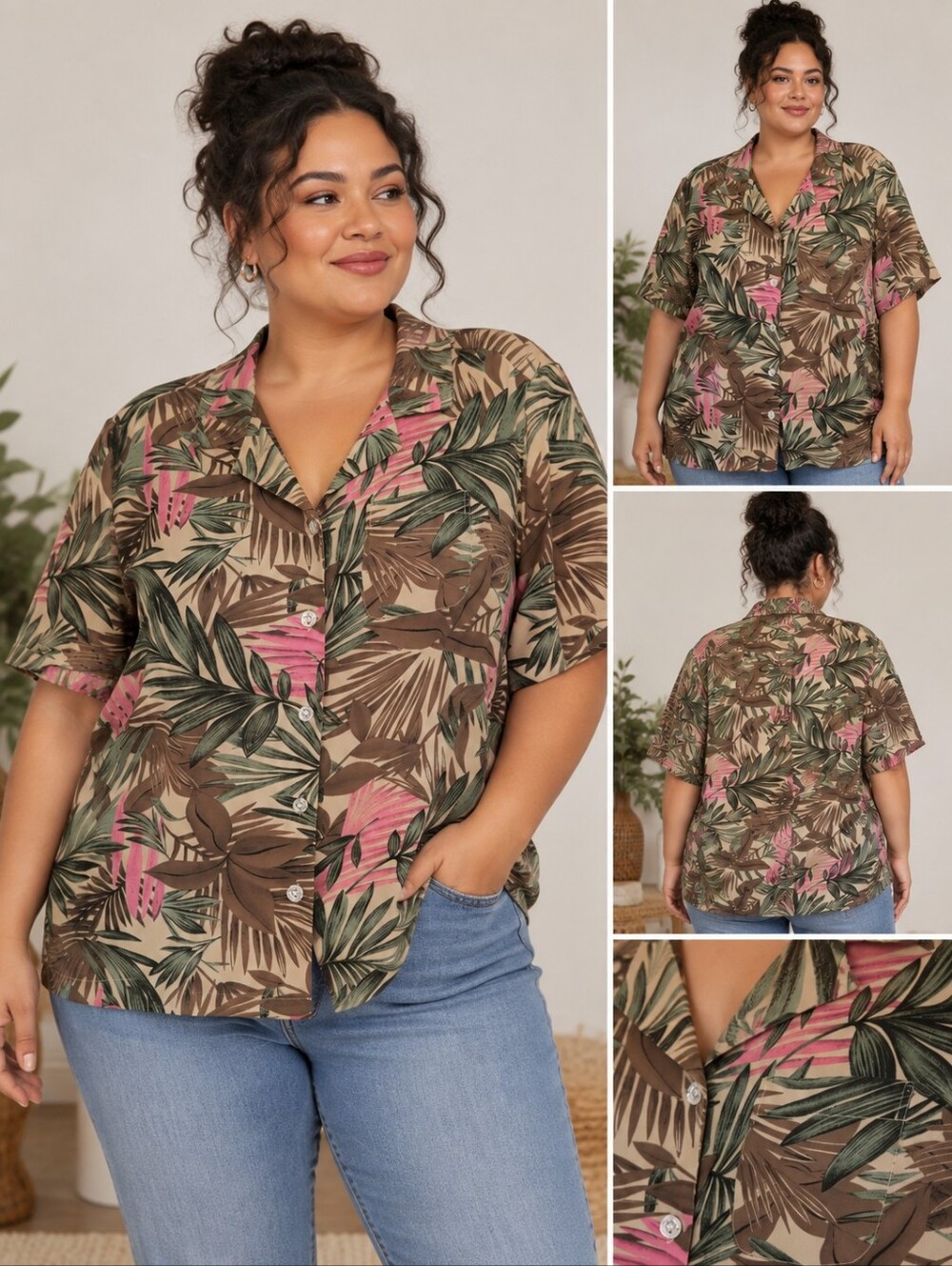 IMAGE Vintage Tropical Leaf Button-Up Blouse – Size 22W